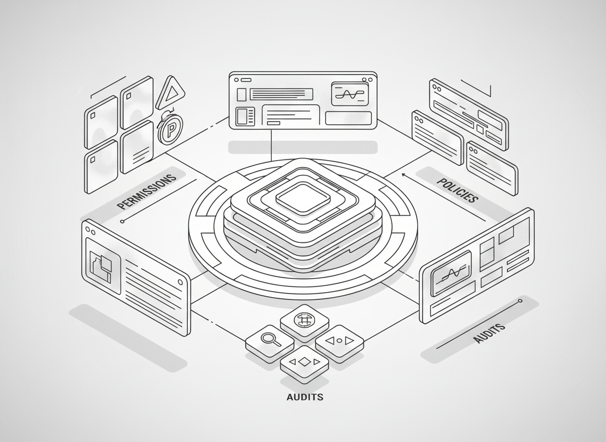 A clean, monochrome line-art illustration of an abstract AI governance control center, with a large central console represented by layered rectangles and circles, surrounded by neatly arranged panels symbolizing permissions, policies, and audits. Each panel is rendered as simple geometric shapes, with subtle variations in line weight to indicate hierarchy and structure. The environment feels like an orderly, minimal operations room without any characters, just interfaces and structured diagrams. Soft, even, studio-style lighting is implied through gentle shading and cross-hatching, creating depth while keeping the scene crisp and uncluttered. Composed from a slightly elevated, three-quarter angle, the image emphasizes clarity, stability, and professional precision, perfectly suited as a universal hero visual for an AI governance framework site.