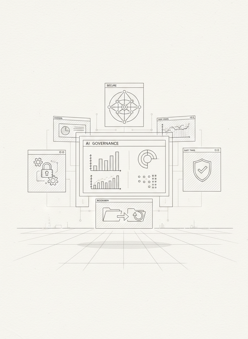 A structured line-art illustration of a secure AI governance dashboard conceptualized as a series of nested frames and panels floating in a spacious, minimal environment. One prominent panel in the foreground shows stylized charts made from simple bars, arcs, and dots, while surrounding panels depict lock icons, shield-like outlines, and layered folders to hint at controls, audits, and recovery plans. The setting is an abstract, clean workspace suggested by a flat surface and a distant horizon line. Gentle, diffused lighting is indicated with fine, consistent hatching, keeping everything legible and calm. Shot at eye level with a balanced, rule-of-thirds composition, the image feels analytical and trustworthy, ideal for explaining oversight and accountability in AI deployments.