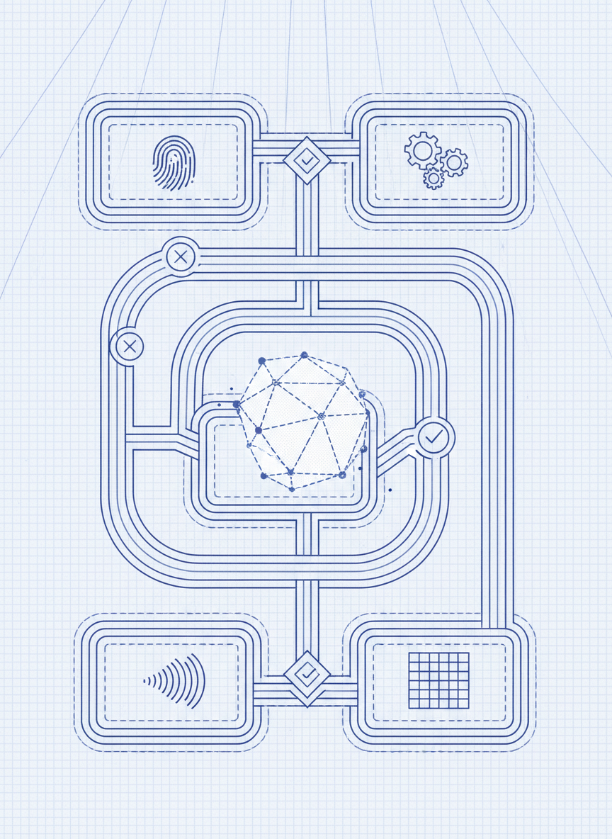 A detailed line-art diagram-like scene showing an AI agent represented as an abstract polyhedral shape moving along clearly defined pathways between multiple rectangular modules labeled only by icons and patterns, not text. Each module has distinct borders and layered outlines suggesting bounded permissions, policy checks, and decision gates. The background is a clean grid, evoking technical blueprints without using color, with lighter lines receding into the distance. Soft, uniform lighting is suggested through minimal hatching, maintaining a modern, professional aesthetic. The composition uses a bird’s-eye perspective with strong perspective lines leading toward a vanishing point, conveying orderly coordination, controlled flows, and transparent oversight of AI systems without depicting people or specific software brands.